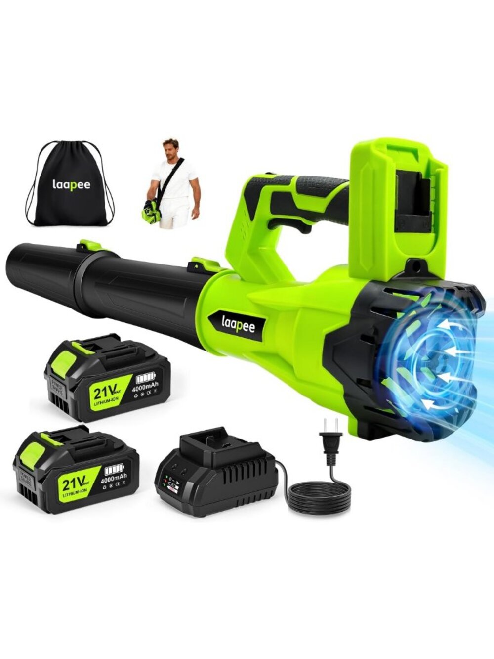 Cordless Leaf Blower 650CFM, 2x4.0Ah Battery, Fast Charger, Lightweight